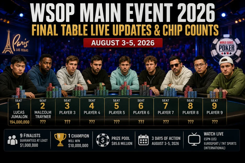 WSOP Main Event 2026 Final Table: Live Updates & Chip Counts (Aug 3-5)