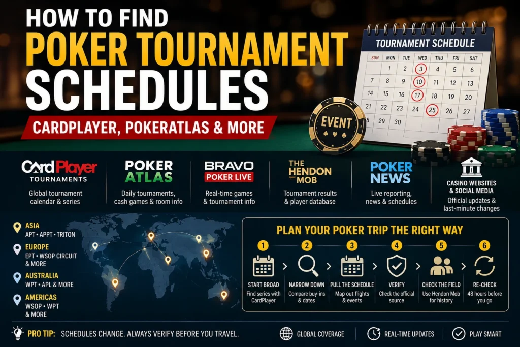 How to Find Poker Tournament Schedules: CardPlayer, PokerAtlas & Morea